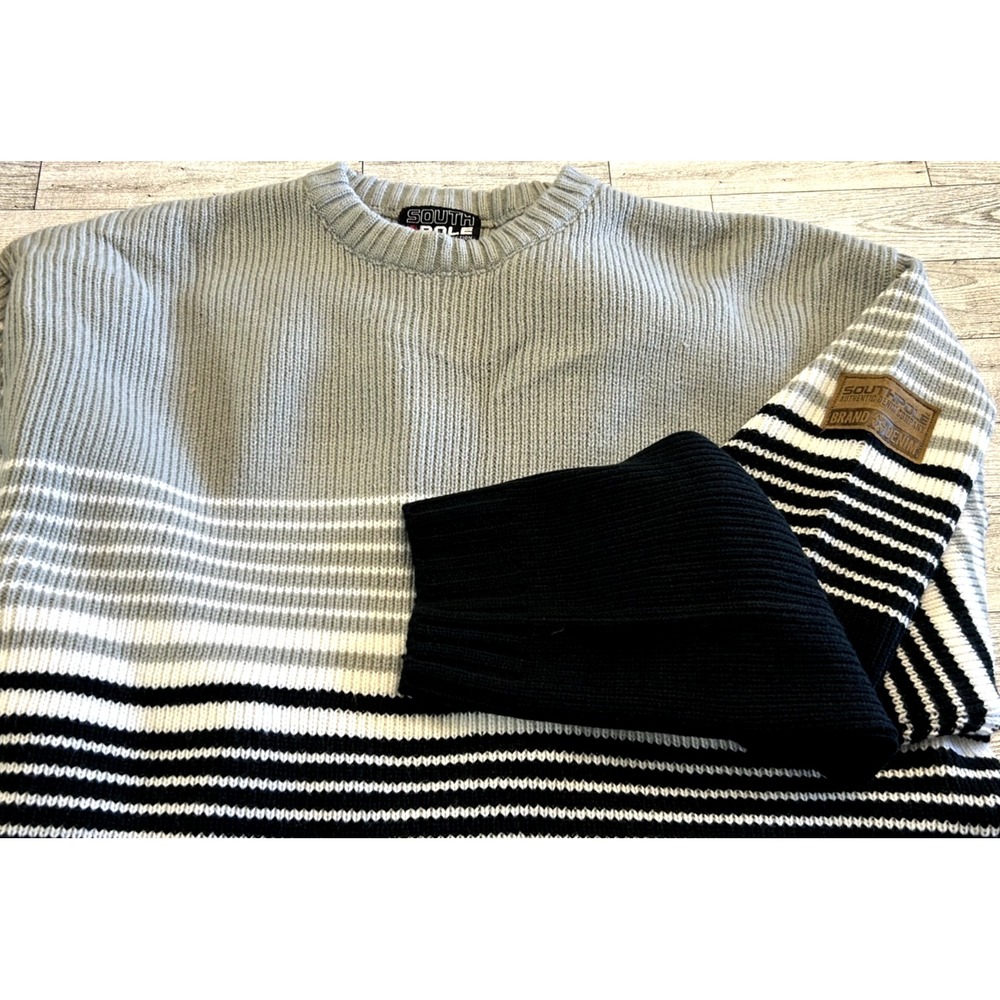 Vintage Y2K South Pole Knit Sweater Mens Large Gray Black‎ White Striped Baggy